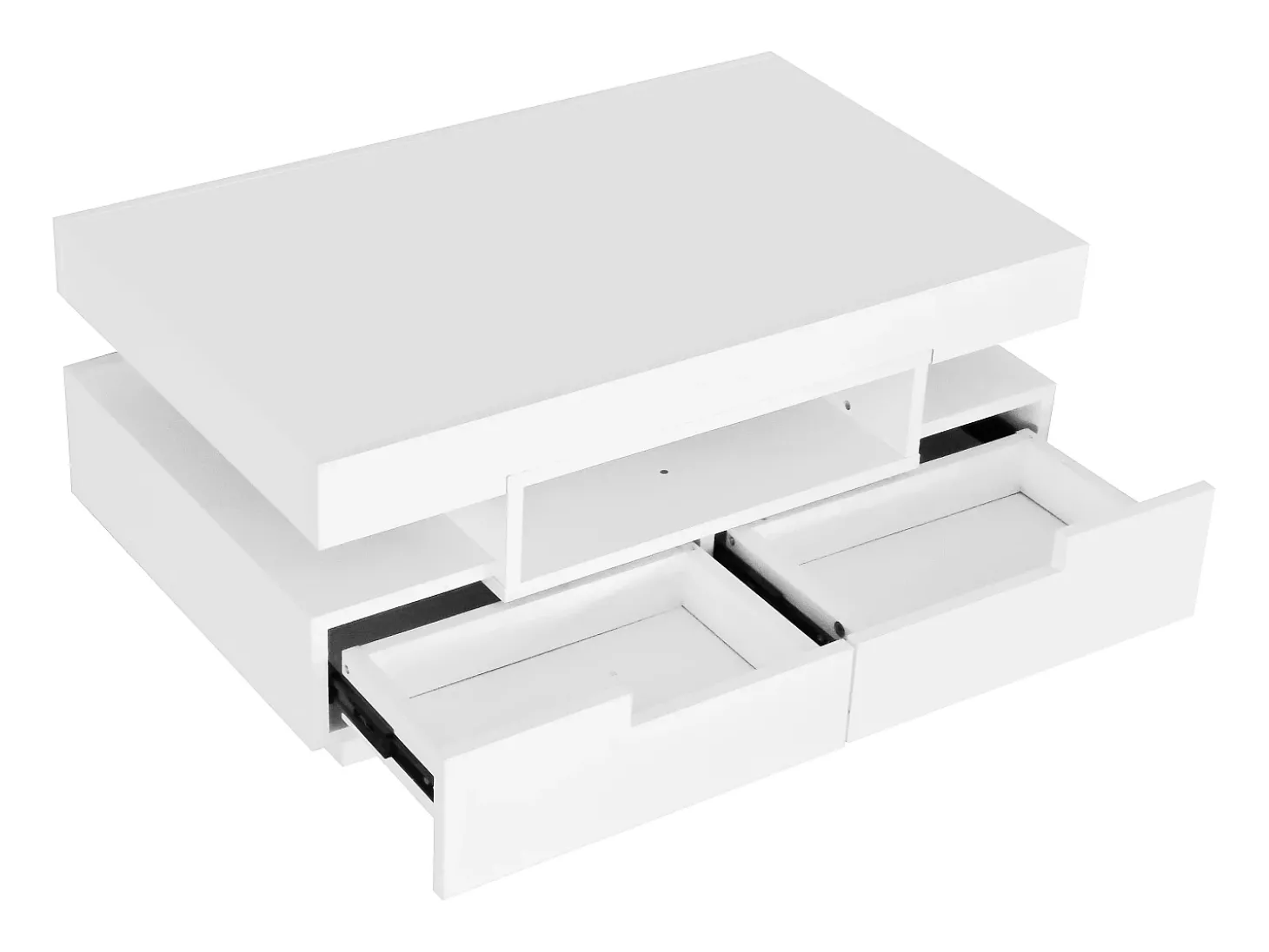 Mesa de centro com 3 compartimentos abertos e 4 gavetas, superfície lacada a preto