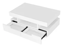 Mesa de centro com 3 compartimentos abertos e 4 gavetas, superfície lacada a preto