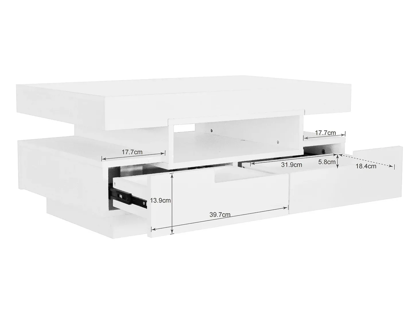 Mesa de centro com 3 compartimentos abertos e 4 gavetas, superfície lacada a preto