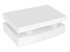 Mesa de centro com 3 compartimentos abertos e 4 gavetas, superfície lacada a preto