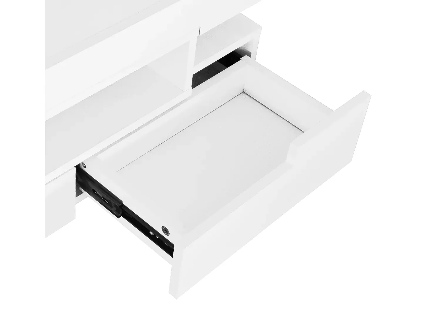 Mesa de centro com 3 compartimentos abertos e 4 gavetas, superfície lacada a preto