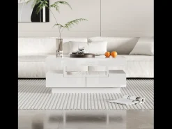 Mesa de centro com 3 compartimentos abertos e 4 gavetas, superfície lacada a preto