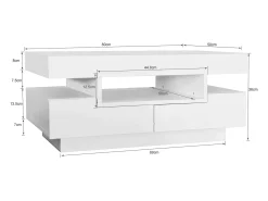 Mesa de centro com 3 compartimentos abertos e 4 gavetas, superfície lacada a preto