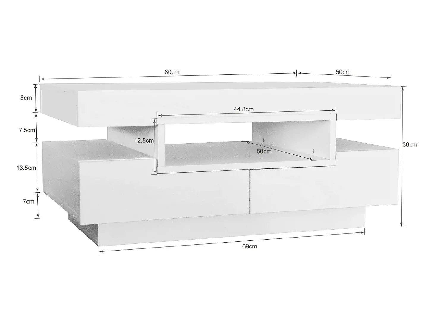 Mesa de centro com 3 compartimentos abertos e 4 gavetas, superfície lacada a preto