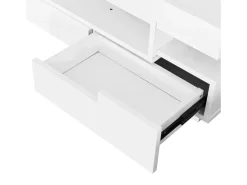 Mesa de centro com 3 compartimentos abertos e 4 gavetas, superfície lacada a preto