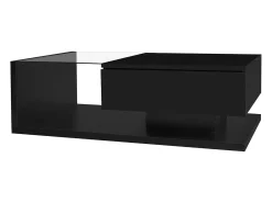 Mesa de centro com 1 gaveta, tampo em vidro temperado, LED incluso, corpo em laca preta brilhante