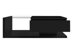 Mesa de centro com 1 gaveta, tampo em vidro temperado, LED incluso, corpo em laca preta brilhante