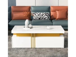 Mesa de centro com 2 gavetas - placa estampada em mármore - estilo escandinavo - Branco