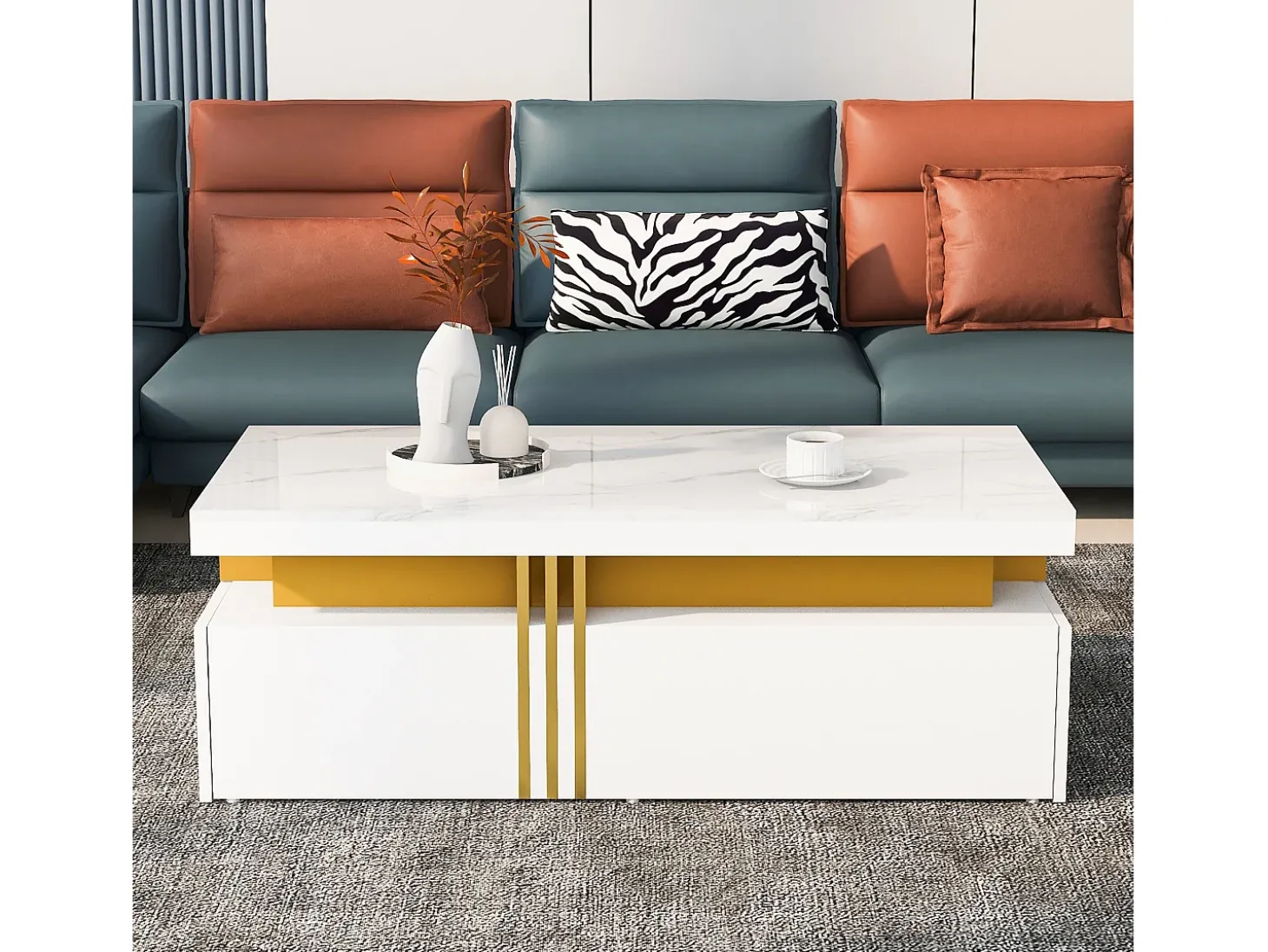 Mesa de centro com 2 gavetas - placa estampada em mármore - estilo escandinavo - Branco