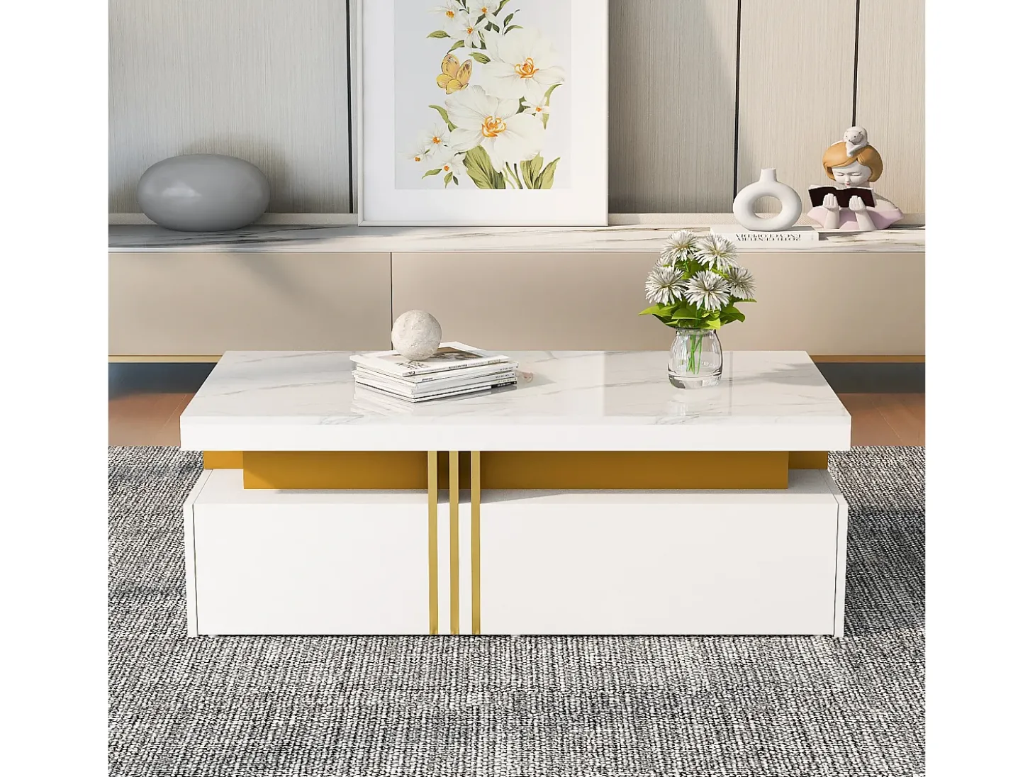 Mesa de centro com 2 gavetas - placa estampada em mármore - estilo escandinavo - Branco