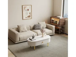 Mesa de centro com 2 gavetas - 108 x 50 x 40 cm - puxadores e pés dourados - cantos curvos - MDF - branco