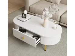 Mesa de centro com 2 gavetas - 108 x 50 x 40 cm - puxadores e pés dourados - cantos curvos - MDF - branco