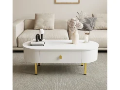 Mesa de centro com 2 gavetas - 108 x 50 x 40 cm - puxadores e pés dourados - cantos curvos - MDF - branco