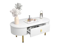 Mesa de centro com 2 gavetas - 108 x 50 x 40 cm - puxadores e pés dourados - cantos curvos - MDF - branco