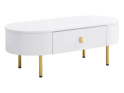 Mesa de centro com 2 gavetas - 108 x 50 x 40 cm - puxadores e pés dourados - cantos curvos - MDF - branco