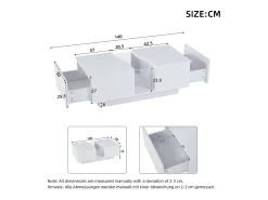 Mesa de centro com 2 gavetas e LED, em MDF e acrílico, lacado branco brilhante