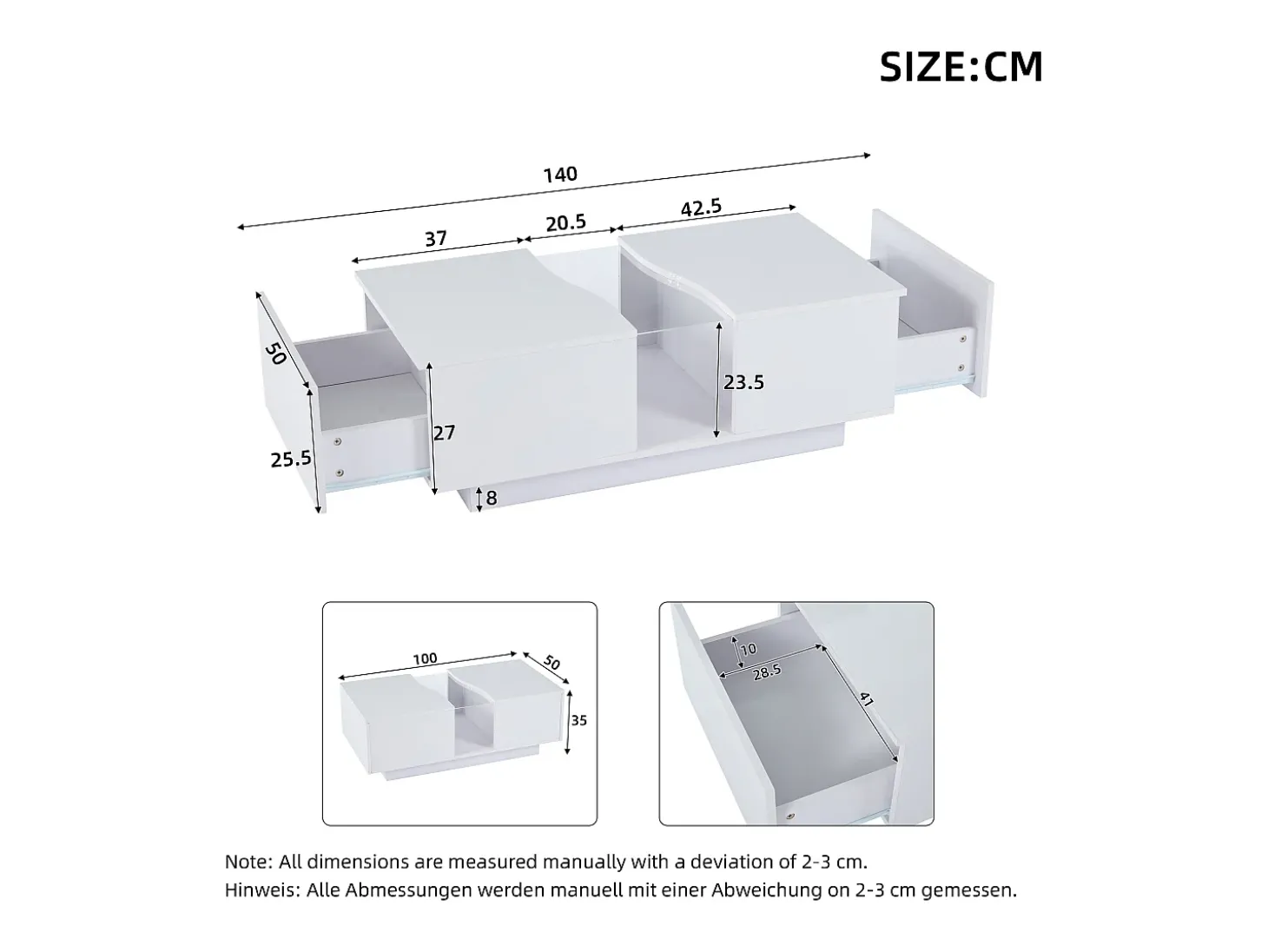 Mesa de centro com 2 gavetas e LED, em MDF e acrílico, lacado branco brilhante