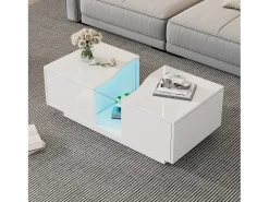 Mesa de centro com 2 gavetas e LED, em MDF e acrílico, lacado branco brilhante