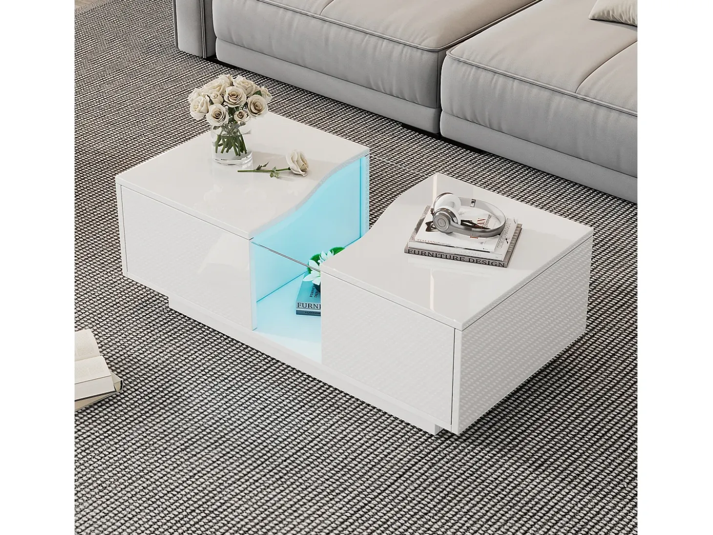 Mesa de centro com 2 gavetas e LED, em MDF e acrílico, lacado branco brilhante