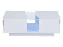 Mesa de centro com 2 gavetas e LED, em MDF e acrílico, lacado branco brilhante