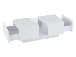 Mesa de centro com 2 gavetas e LED, em MDF e acrílico, lacado branco brilhante
