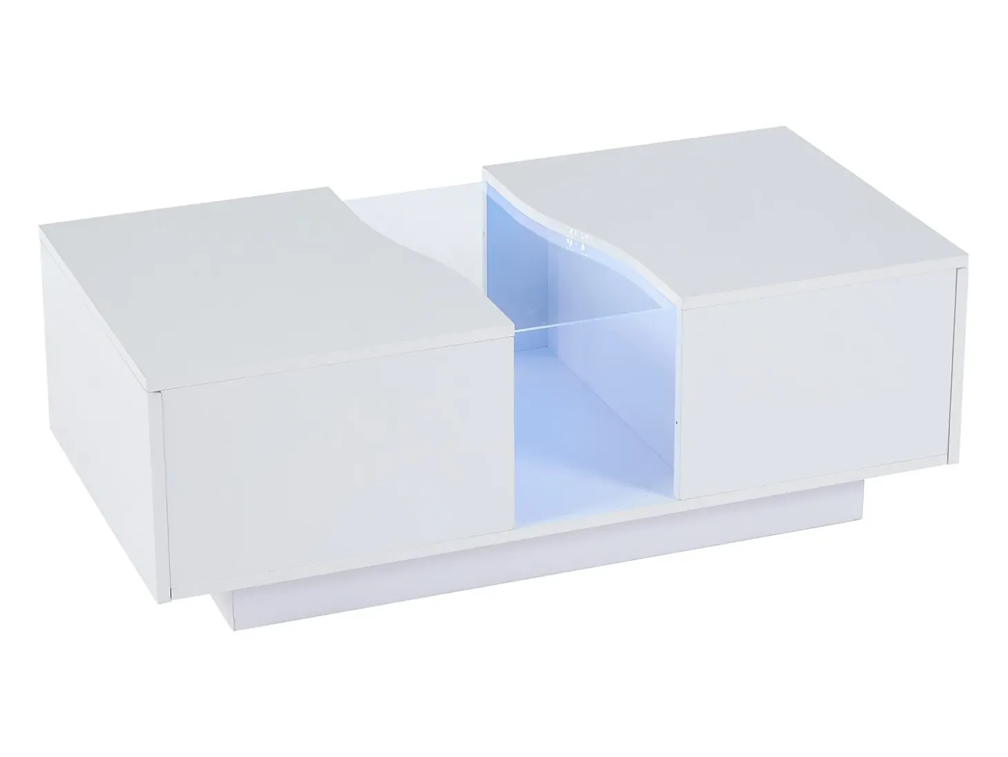 Mesa de centro com 2 gavetas e LED, em MDF e acrílico, lacado branco brilhante