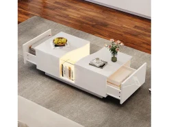 Mesa de centro com 2 gavetas e LED, em MDF e acrílico, lacado branco brilhante