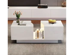 Mesa de centro com 2 gavetas e LED, em MDF e acrílico, lacado branco brilhante