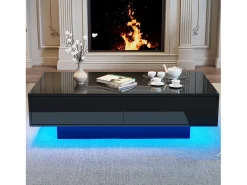 Mesa de centro com 2 gavetas - 115 x 55 x 34 cm - LEDs - Aglomerado - Preto brilhante