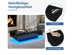 Mesa de centro com 2 gavetas - 115 x 55 x 34 cm - LEDs - Aglomerado - Preto brilhante