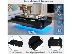 Mesa de centro com 2 gavetas - 115 x 55 x 34 cm - LEDs - Aglomerado - Preto brilhante