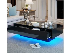 Mesa de centro com 2 gavetas - 115 x 55 x 34 cm - LEDs - Aglomerado - Preto brilhante