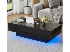 Mesa de centro com 2 gavetas - 115 x 55 x 34 cm - LEDs - Aglomerado - Preto brilhante