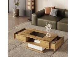 Mesa de centro com 2 gavetas e compartimento - 110,2 x 60 x 39,7 cm - LEDs - Madeira MDF - Natural