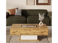 Mesa de centro com 2 gavetas e compartimento - 110,2 x 60 x 39,7 cm - LEDs - Madeira MDF - Natural
