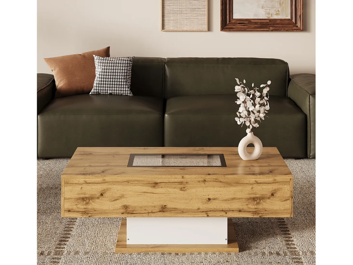 Mesa de centro com 2 gavetas e compartimento - 110,2 x 60 x 39,7 cm - LEDs - Madeira MDF - Natural