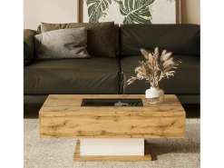 Mesa de centro com 2 gavetas e compartimento - 110,2 x 60 x 39,7 cm - LEDs - Madeira MDF - Natural