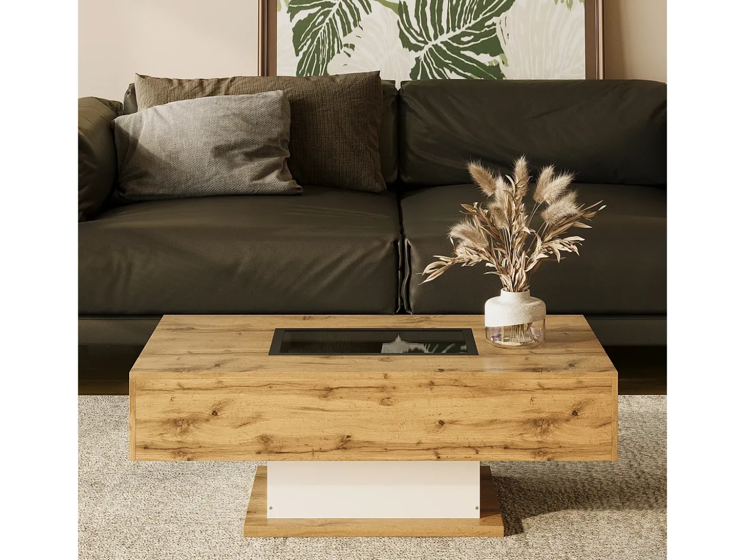 Mesa de centro com 2 gavetas e compartimento - 110,2 x 60 x 39,7 cm - LEDs - Madeira MDF - Natural