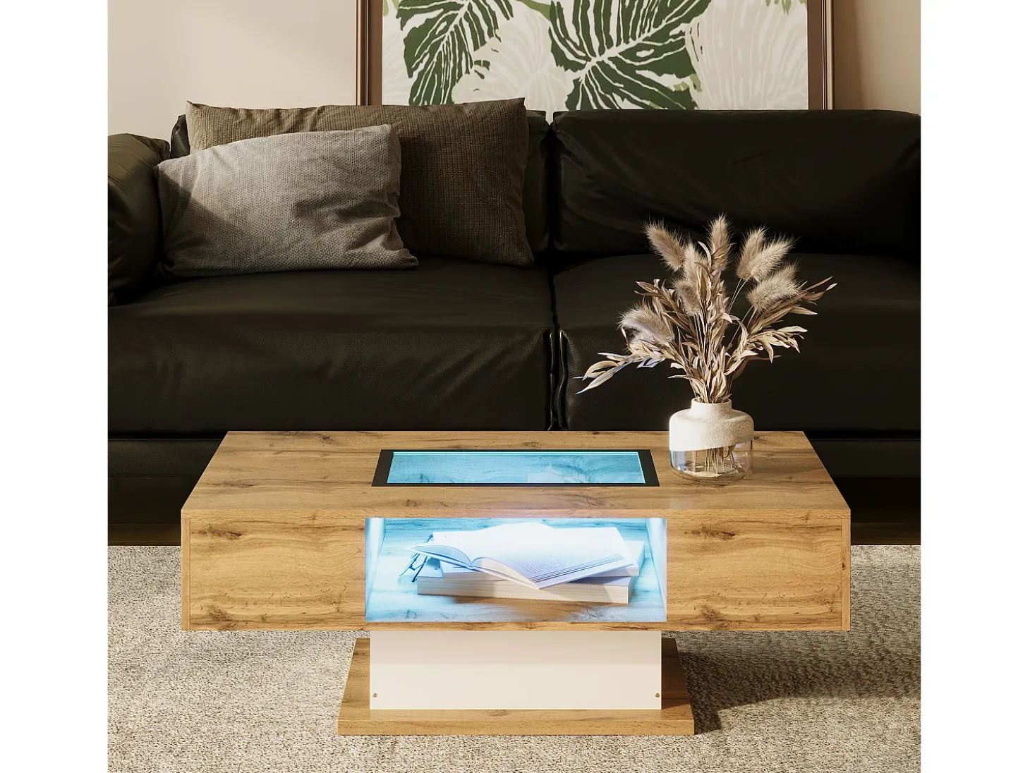 Mesa de centro com 2 gavetas e compartimento - 110,2 x 60 x 39,7 cm - LEDs - Madeira MDF - Natural