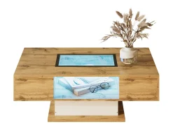 Mesa de centro com 2 gavetas e compartimento - 110,2 x 60 x 39,7 cm - LEDs - Madeira MDF - Natural