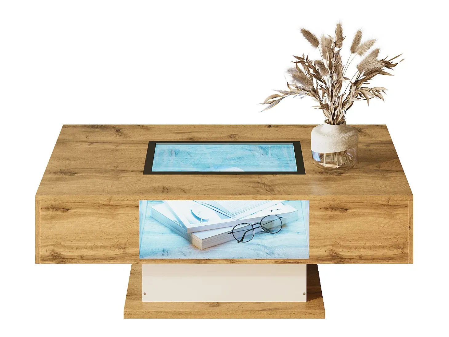Mesa de centro com 2 gavetas e compartimento - 110,2 x 60 x 39,7 cm - LEDs - Madeira MDF - Natural