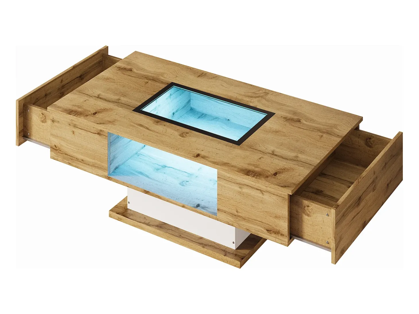 Mesa de centro com 2 gavetas e compartimento - 110,2 x 60 x 39,7 cm - LEDs - Madeira MDF - Natural