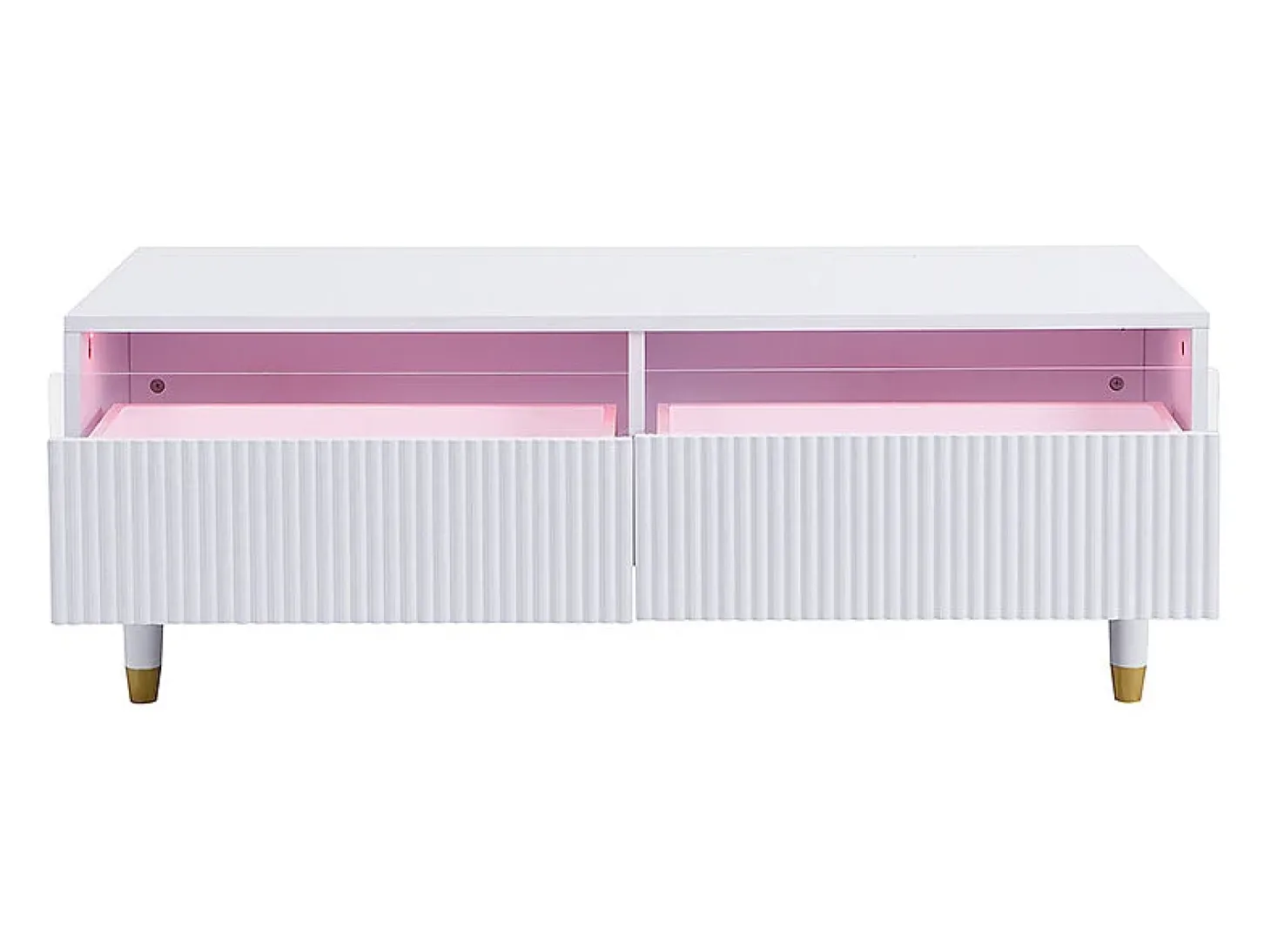 Mesa de centro com 2 gavetas onduladas e iluminação LED - Branca e dourada