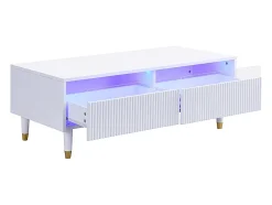 Mesa de centro com 2 gavetas onduladas e iluminação LED - Branca e dourada