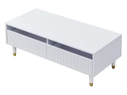 Mesa de centro com 2 gavetas onduladas e iluminação LED - Branca e dourada