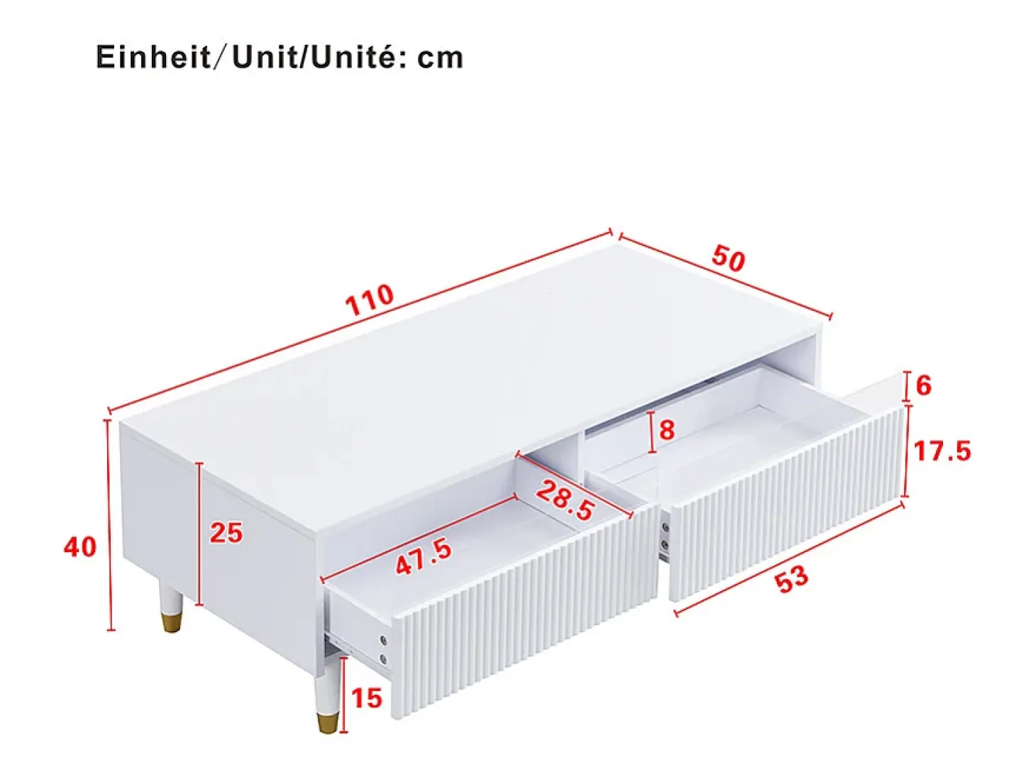 Mesa de centro com 2 gavetas onduladas e iluminação LED - Branca e dourada