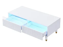 Mesa de centro com 2 gavetas onduladas e iluminação LED - Branca e dourada
