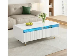 Mesa de centro com 2 gavetas onduladas e iluminação LED - Branca e dourada