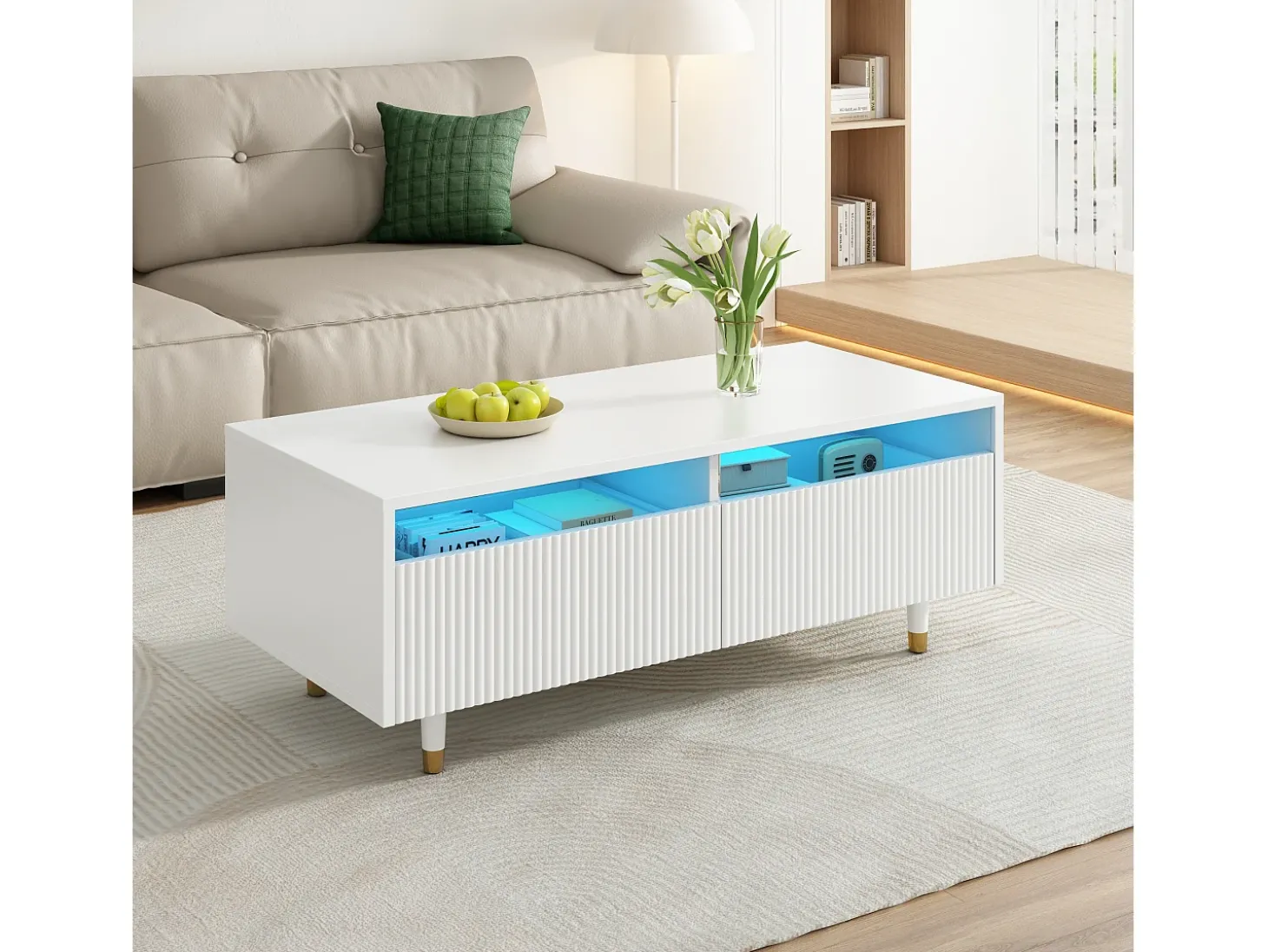 Mesa de centro com 2 gavetas onduladas e iluminação LED - Branca e dourada