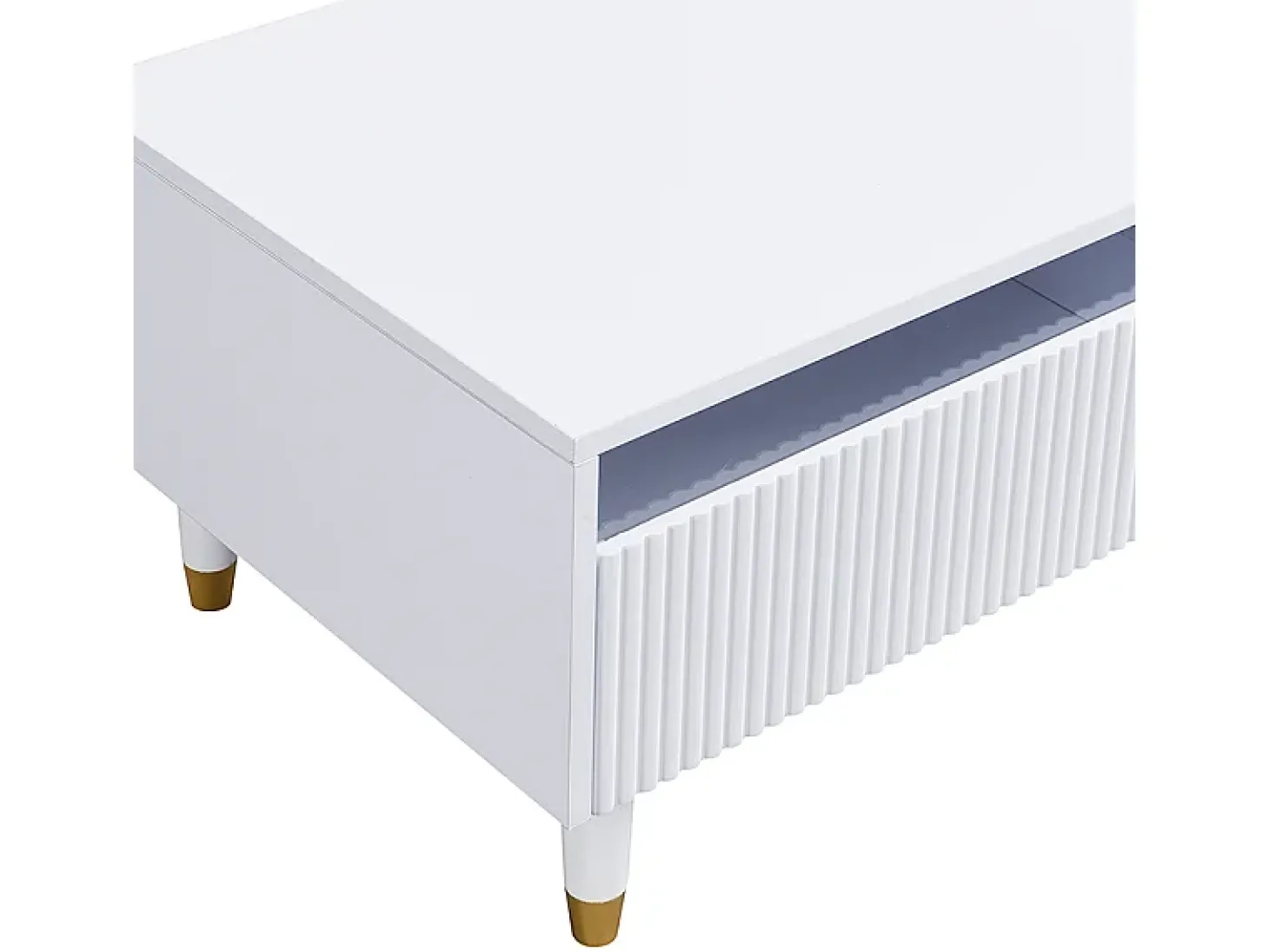 Mesa de centro com 2 gavetas onduladas e iluminação LED - Branca e dourada